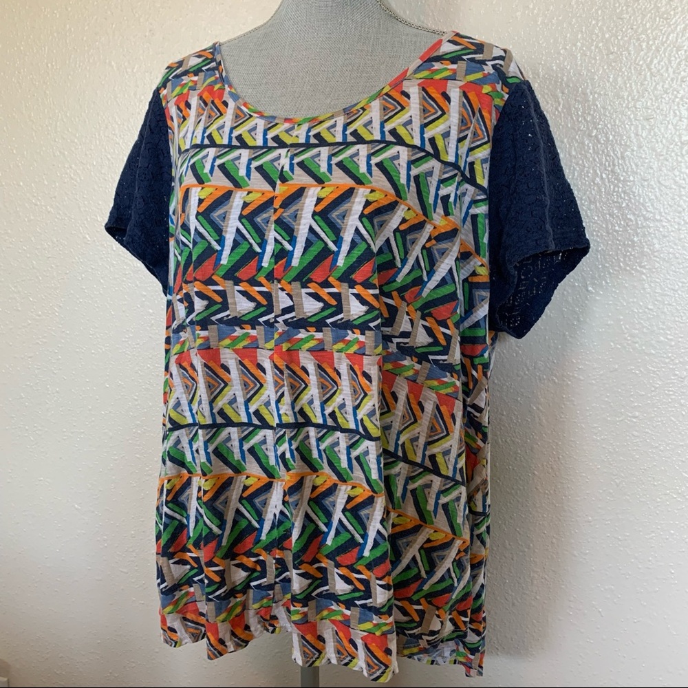 New Directions Geometric Flowing Summer Top Short Lace Sleeve Plus Size 1X